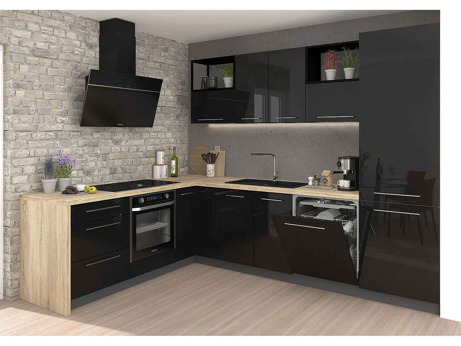 KÜCHENHÄNGESCHRANK Essen W4/80 Schwarz Hochglanz / Schwarz Matt 80 / 32,5 / 96cm