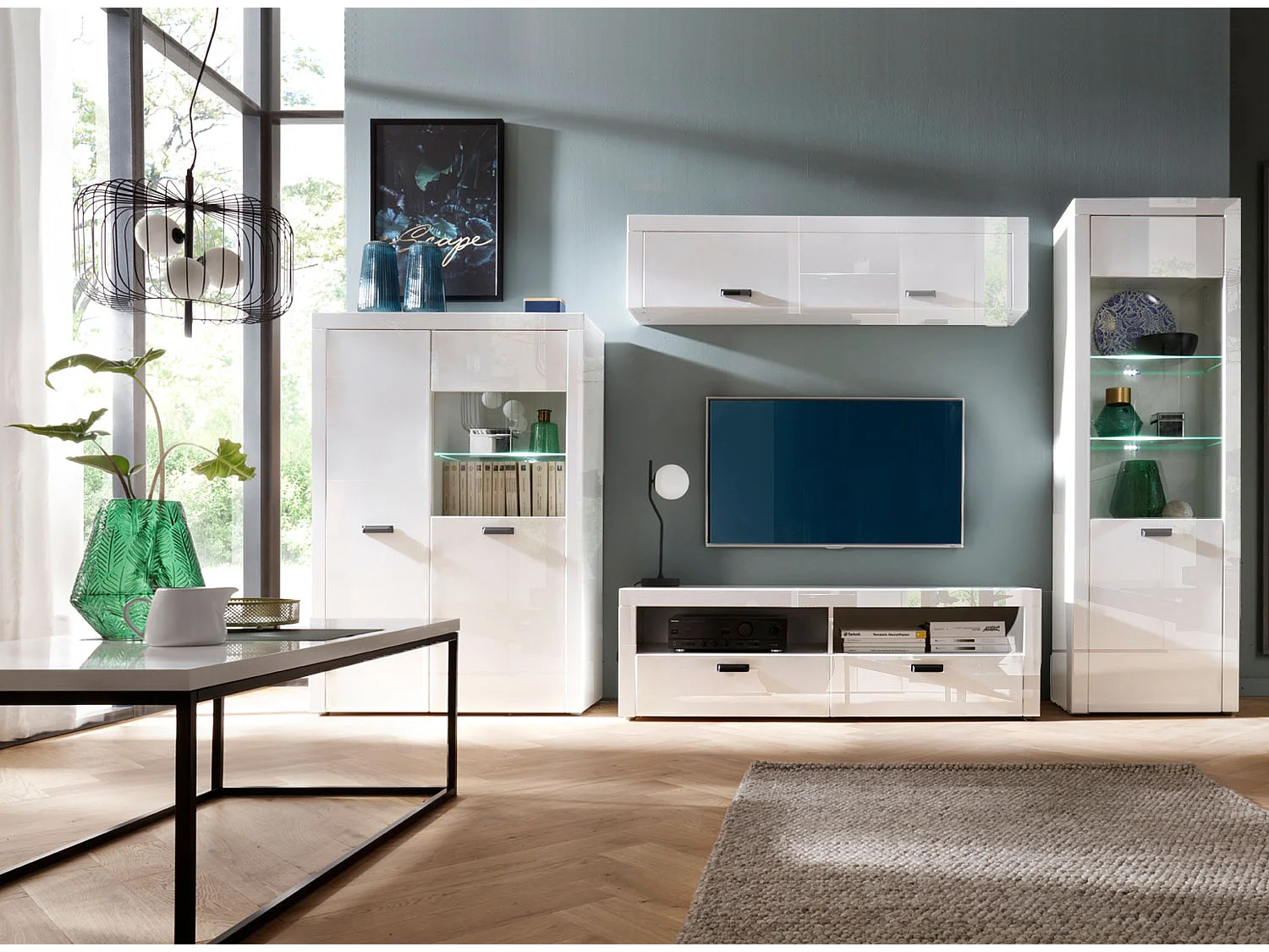 WOHNWAND Bologna-Essen weiß / weiß hg 314 cm / 38 cm / 195 cm