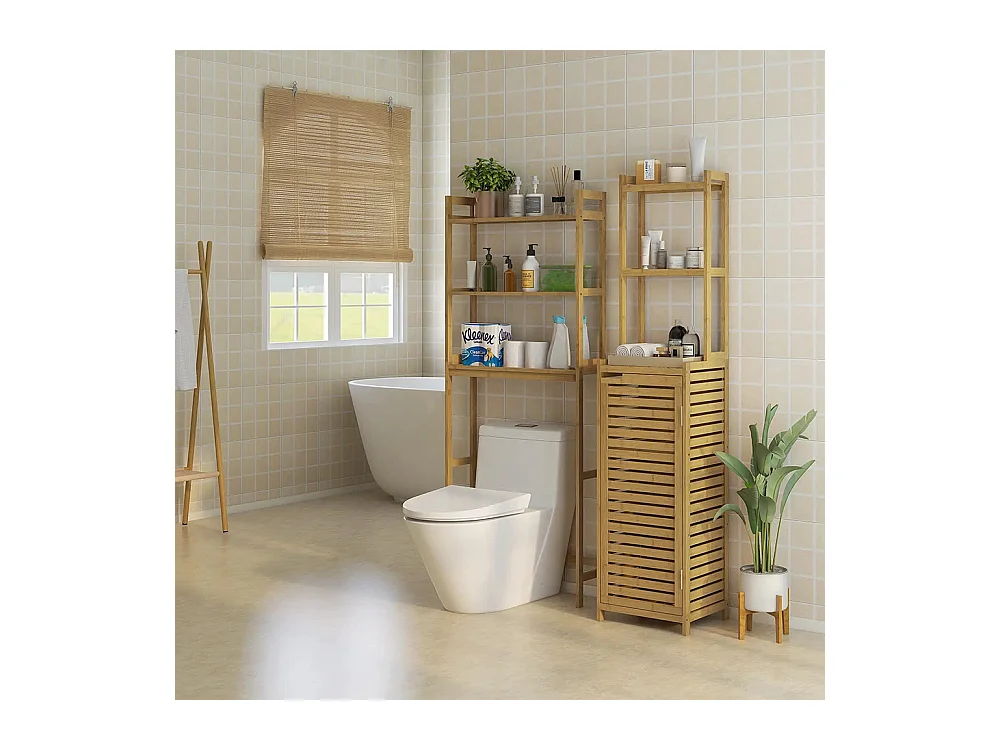 Étagère de salle de bain, 3 niveaux, 1 armoire, 38,5 cm x 33 cm x 170 cm, couleur naturelle.
