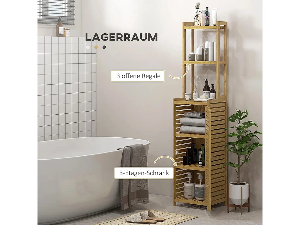 Étagère de salle de bain, 3 niveaux, 1 armoire, 38,5 cm x 33 cm x 170 cm, couleur naturelle.