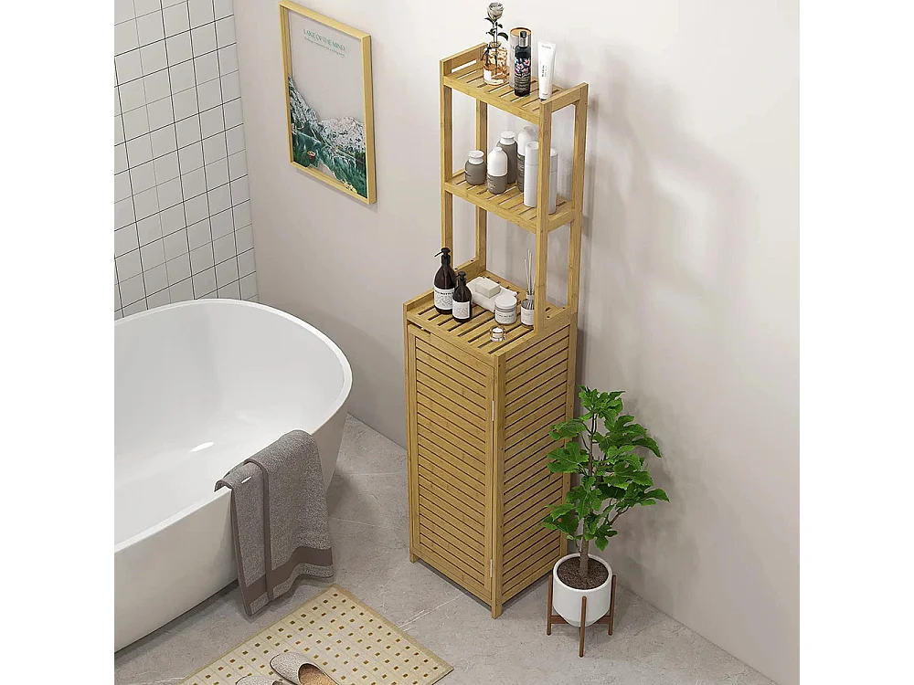 Étagère de salle de bain, 3 niveaux, 1 armoire, 38,5 cm x 33 cm x 170 cm, couleur naturelle.
