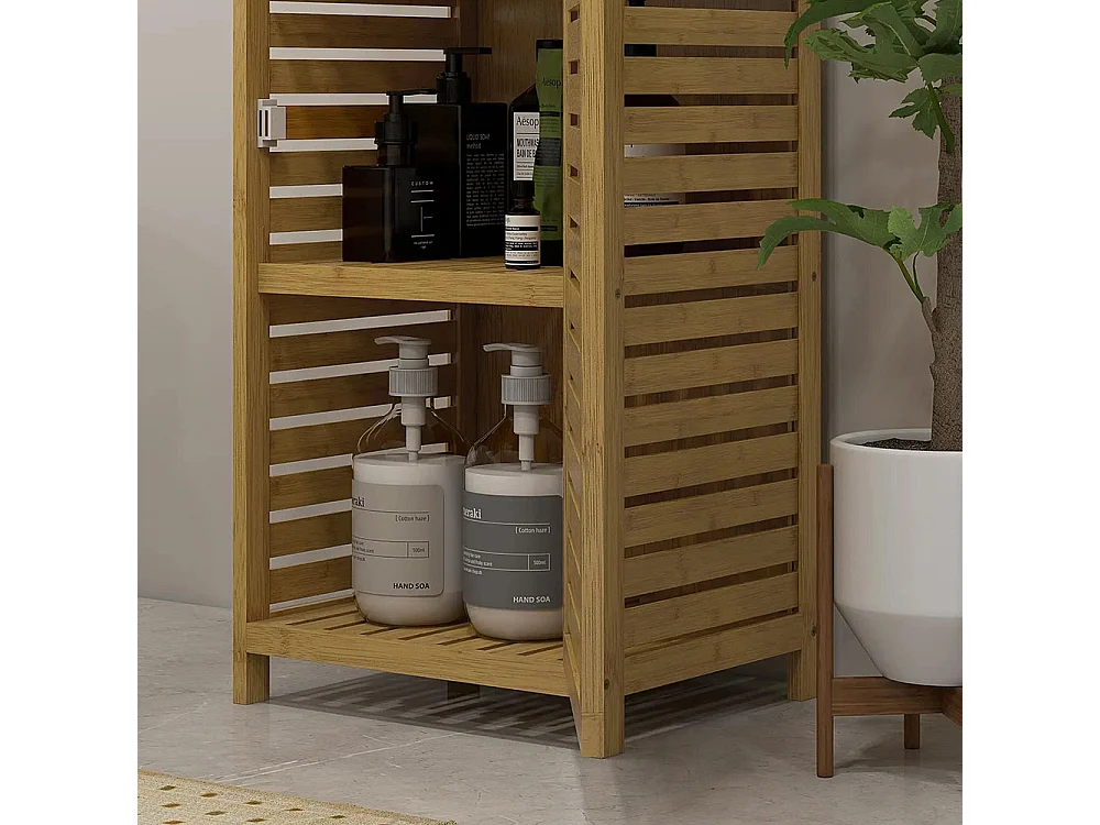 Étagère de salle de bain, 3 niveaux, 1 armoire, 38,5 cm x 33 cm x 170 cm, couleur naturelle.