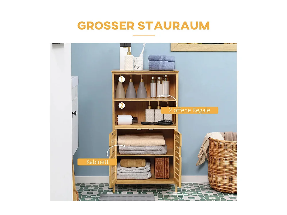 Armoire de salle de bain en bambou, avec portes à persiennes, 2 étagères, 1 corps d'armoire, 50 cm × 29 cm × 92 cm, couleur naturelle.