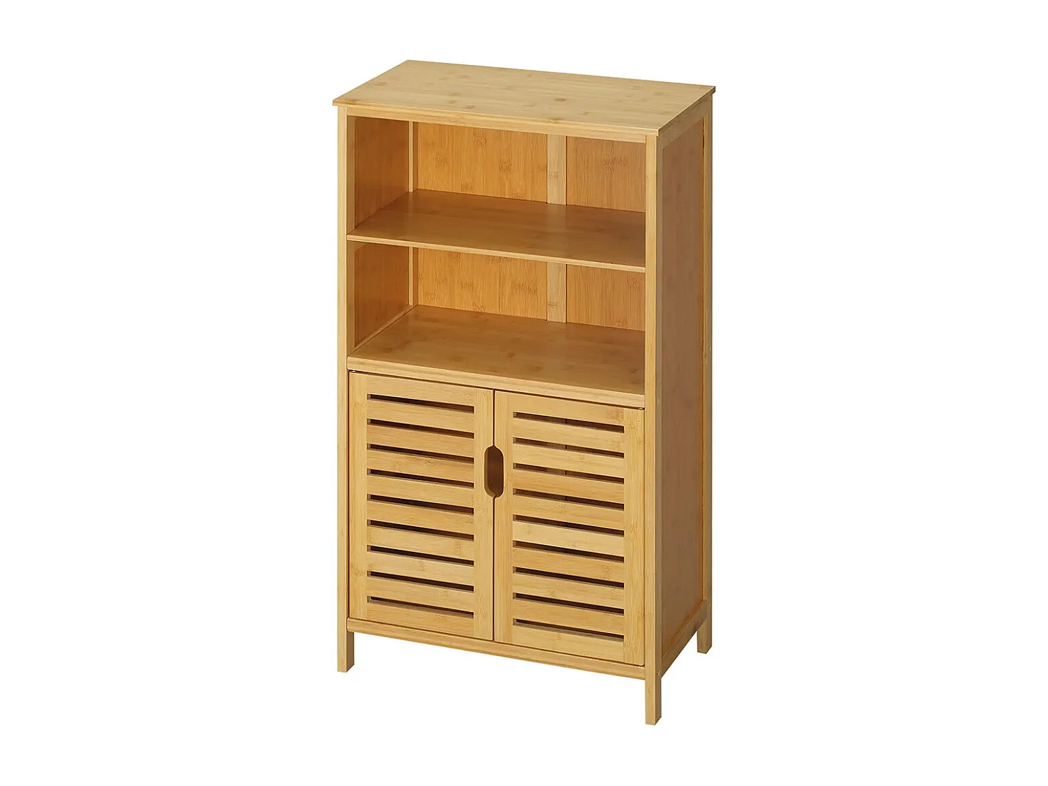 Armoire de salle de bain en bambou, avec portes à persiennes, 2 étagères, 1 corps d'armoire, 50 cm × 29 cm × 92 cm, couleur naturelle.