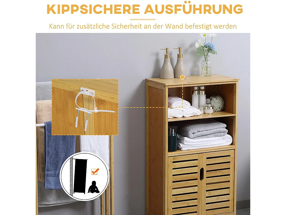 Armoire de salle de bain en bambou, avec portes à persiennes, 2 étagères, 1 corps d'armoire, 50 cm × 29 cm × 92 cm, couleur naturelle.