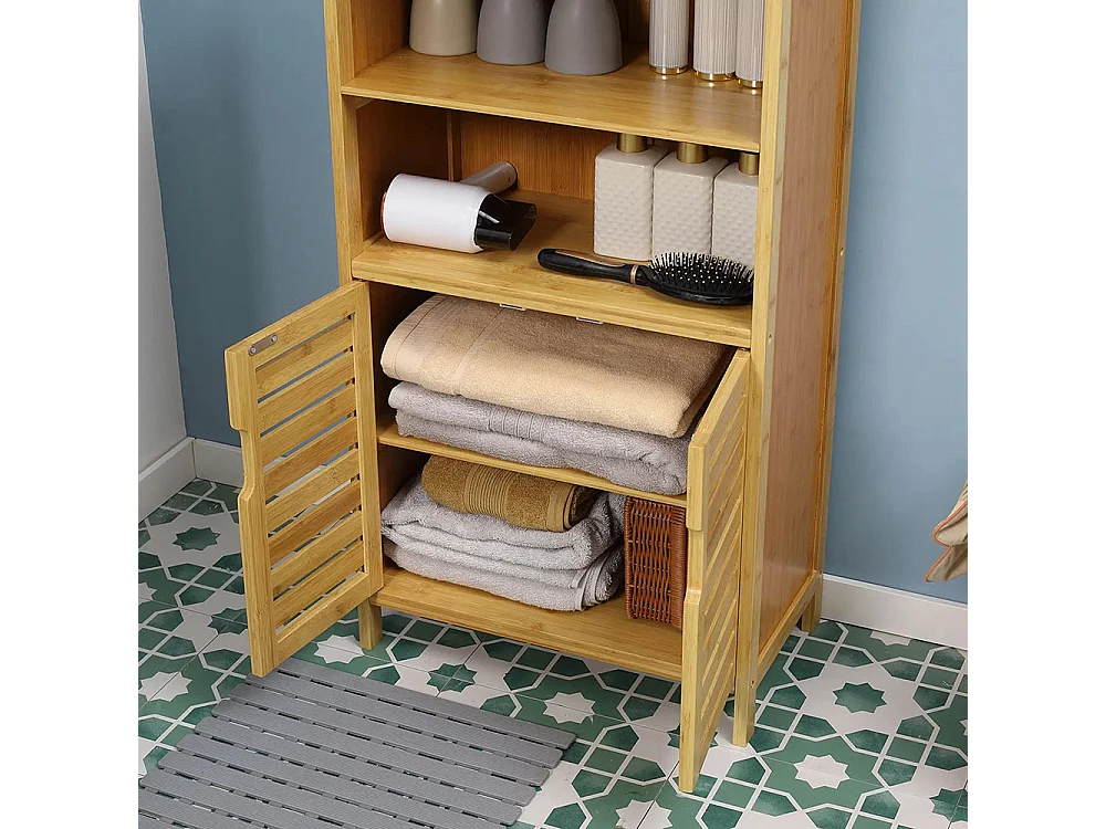 Armoire de salle de bain en bambou, avec portes à persiennes, 2 étagères, 1 corps d'armoire, 50 cm × 29 cm × 92 cm, couleur naturelle.