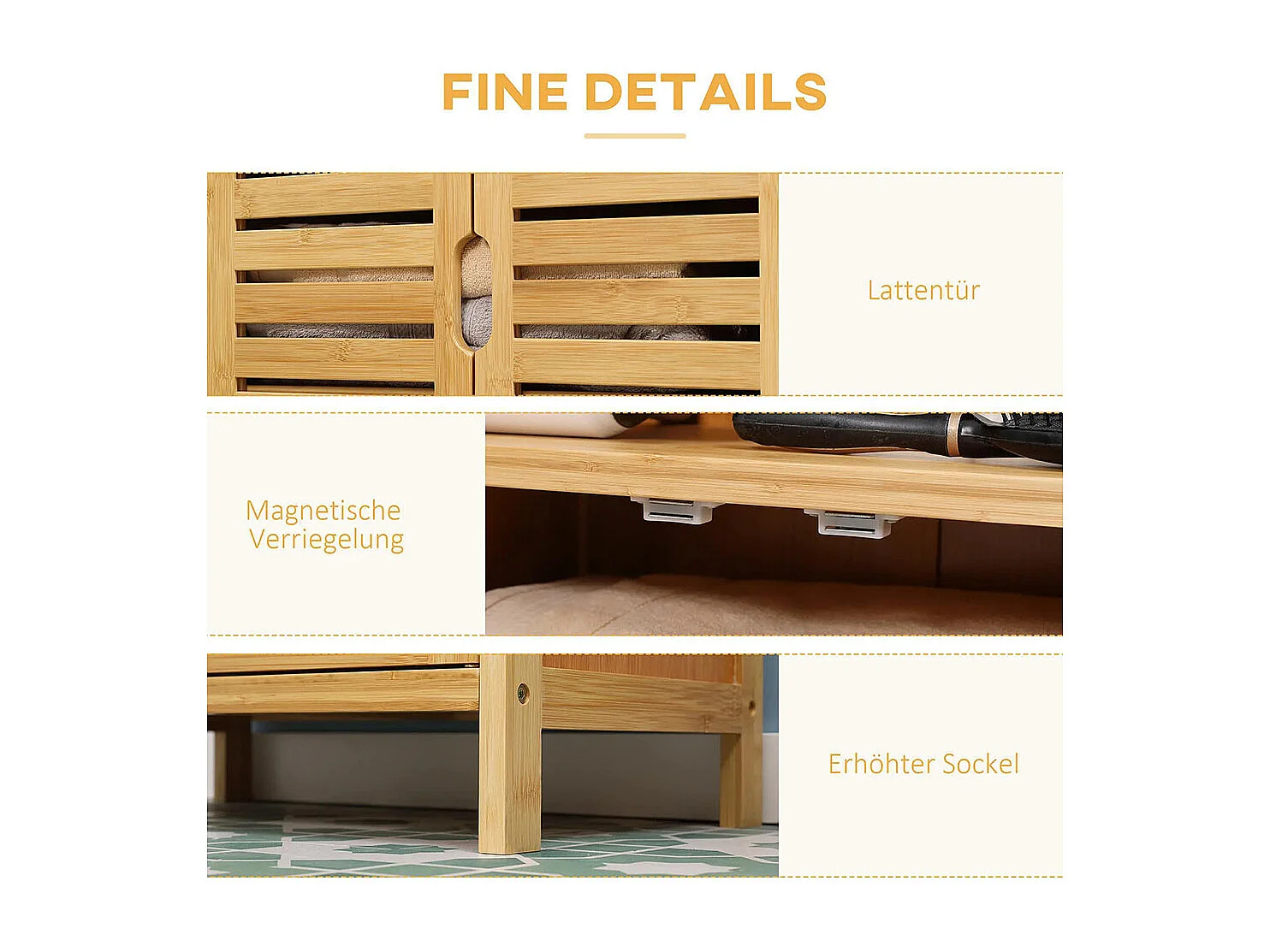 Armoire de salle de bain en bambou, avec portes à persiennes, 2 étagères, 1 corps d'armoire, 50 cm × 29 cm × 92 cm, couleur naturelle.