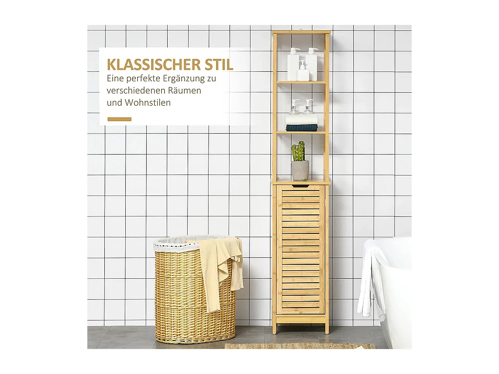 Armoire de salle de bain, armoire haute, trois étagères, portes à persiennes, conception anti-basculement, en bambou, 34 x 30 x 173 cm