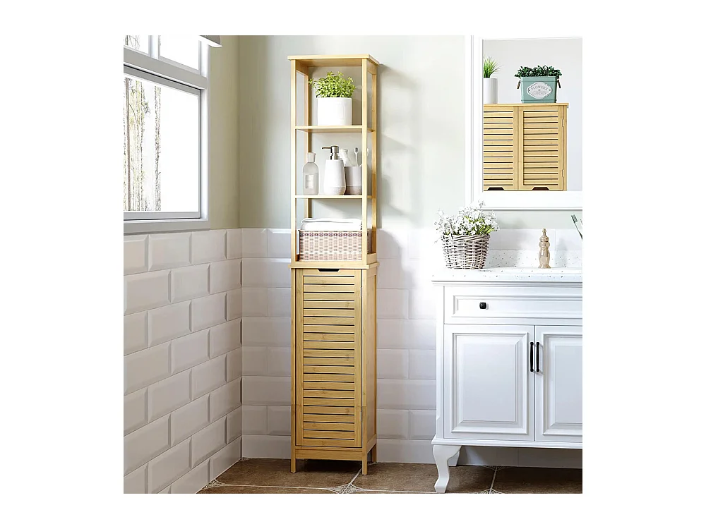 Armoire de salle de bain, armoire haute, trois étagères, portes à persiennes, conception anti-basculement, en bambou, 34 x 30 x 173 cm