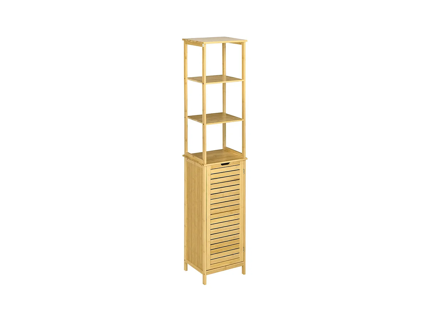 Armoire de salle de bain, armoire haute, trois étagères, portes à persiennes, conception anti-basculement, en bambou, 34 x 30 x 173 cm