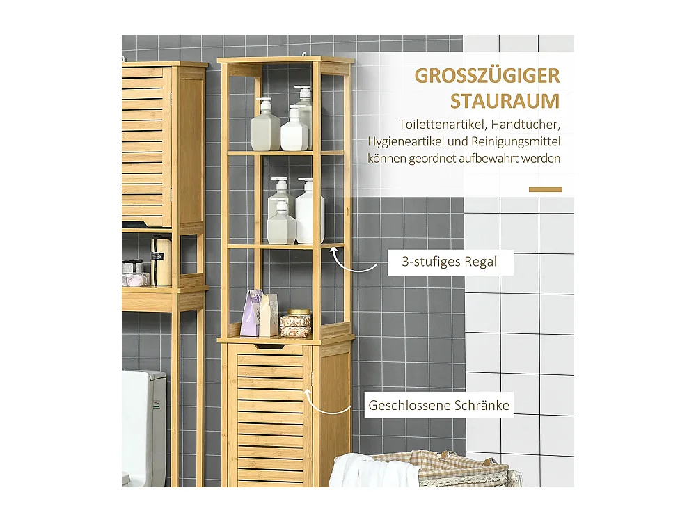 Armoire de salle de bain, armoire haute, trois étagères, portes à persiennes, conception anti-basculement, en bambou, 34 x 30 x 173 cm