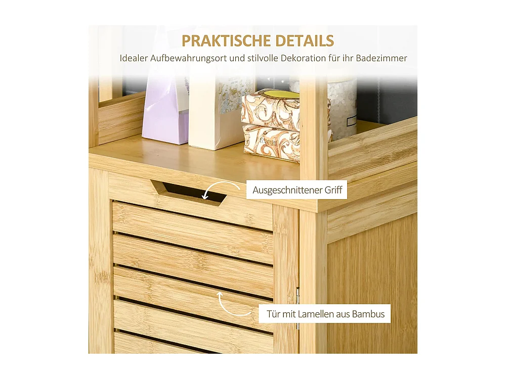 Armoire de salle de bain, armoire haute, trois étagères, portes à persiennes, conception anti-basculement, en bambou, 34 x 30 x 173 cm
