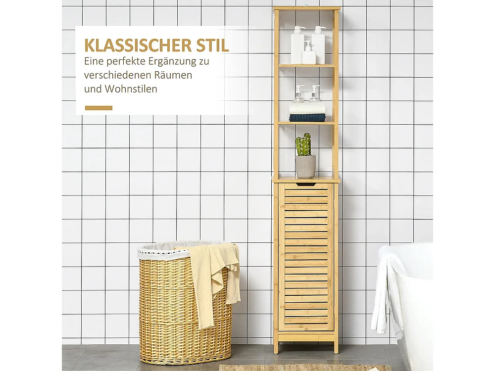 Armoire de salle de bain, armoire haute, trois étagères, portes à persiennes, conception anti-basculement, en bambou, 34 x 30 x 173 cm