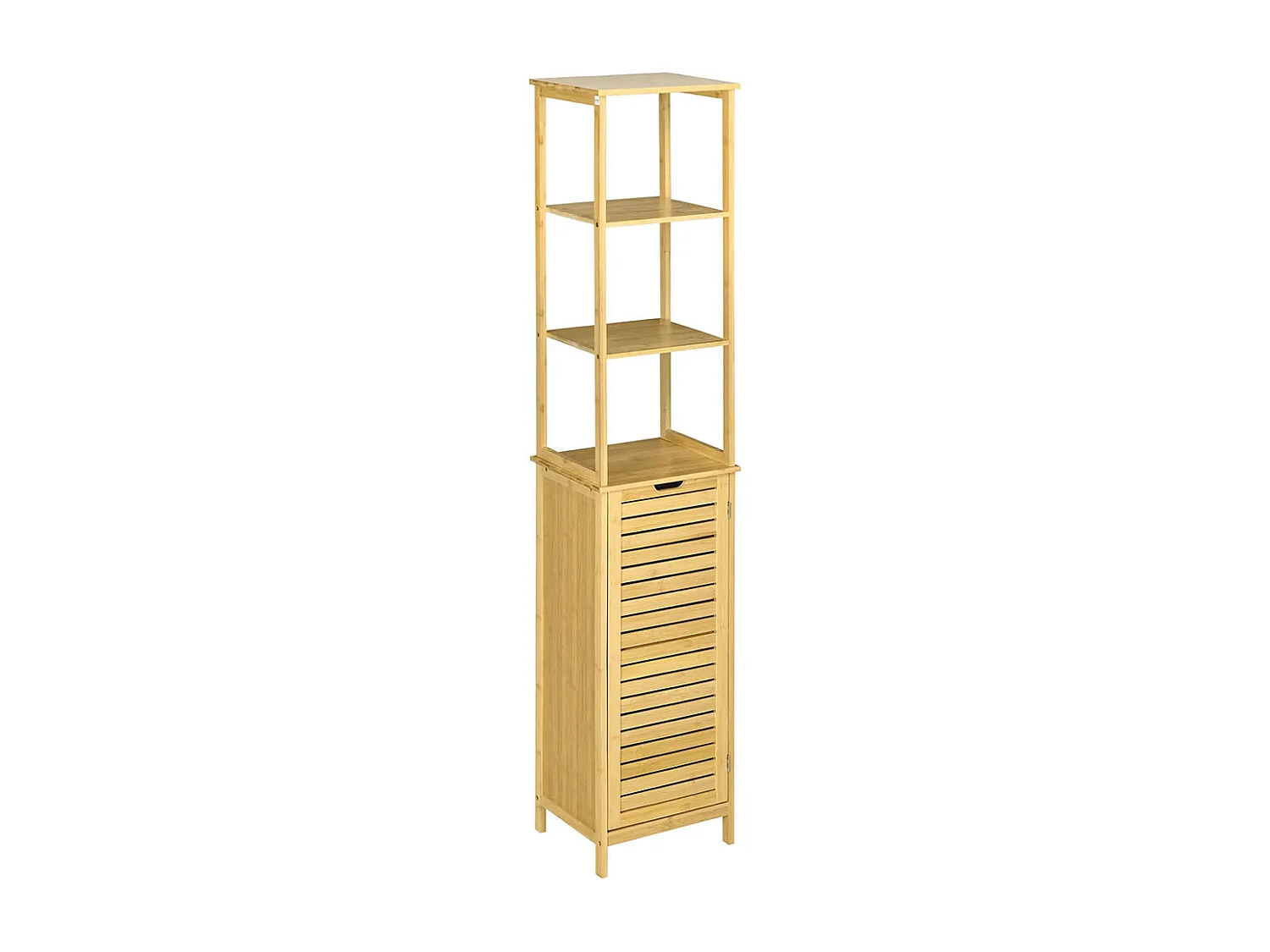 Armoire de salle de bain, armoire haute, trois étagères, portes à persiennes, conception anti-basculement, en bambou, 34 x 30 x 173 cm