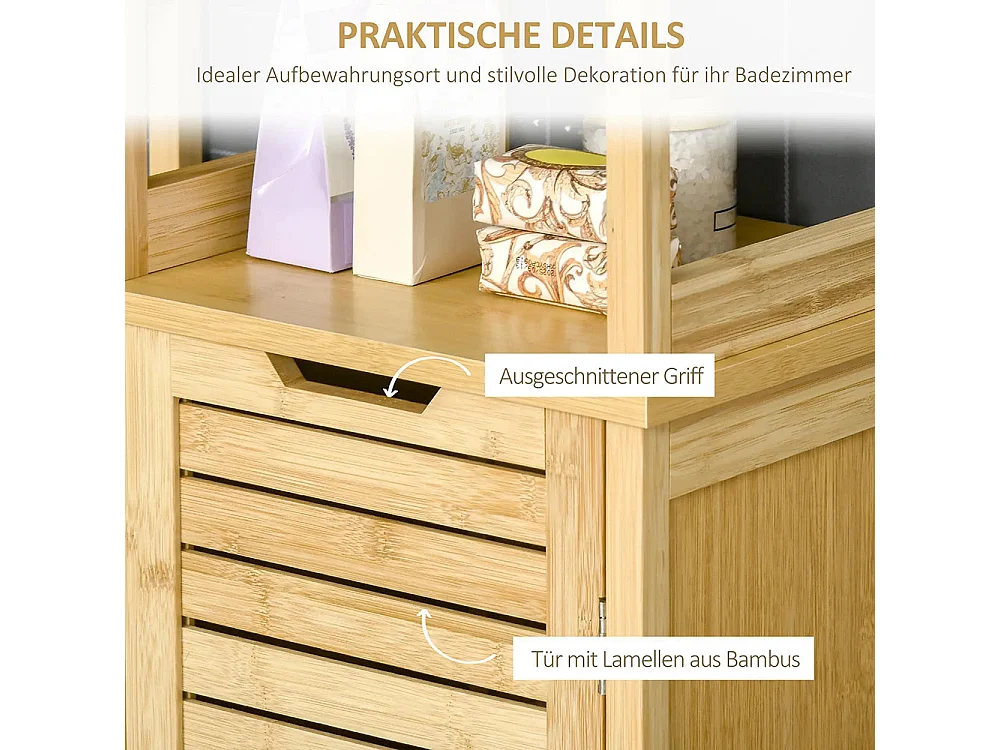 Armoire de salle de bain, armoire haute, trois étagères, portes à persiennes, conception anti-basculement, en bambou, 34 x 30 x 173 cm