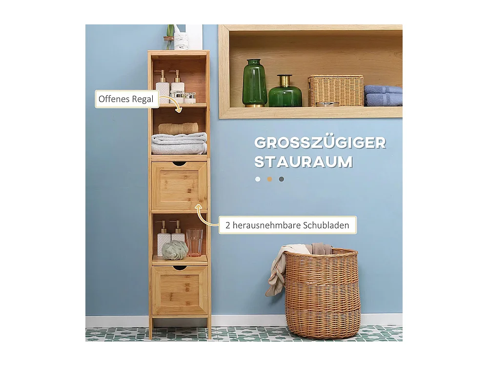 Meuble de salle de bain, 3 étagères, 2 tiroirs, en bambou, 30 cm x 30 cm x 140 cm, couleur naturelle