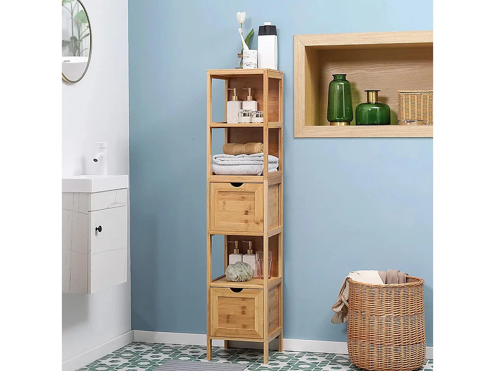 Meuble de salle de bain, 3 étagères, 2 tiroirs, en bambou, 30 cm x 30 cm x 140 cm, couleur naturelle
