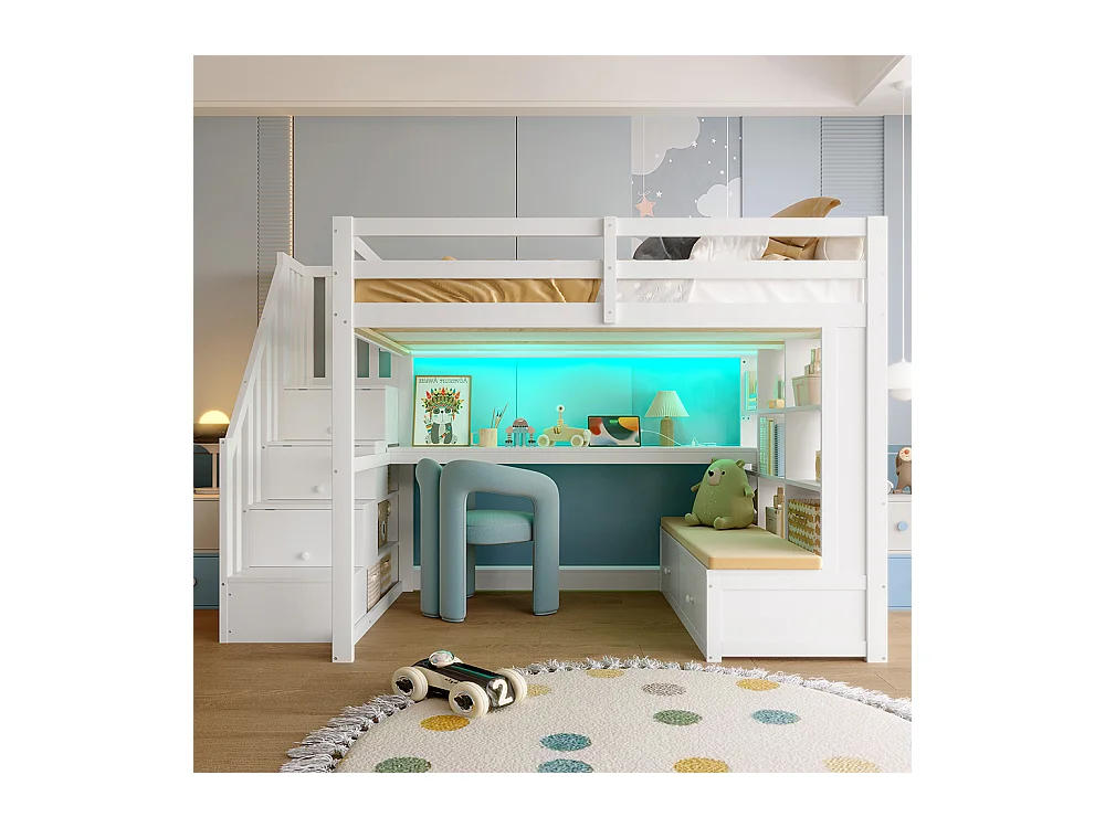 Lit mezzanine avec rangement, 140x200cm, blanc.