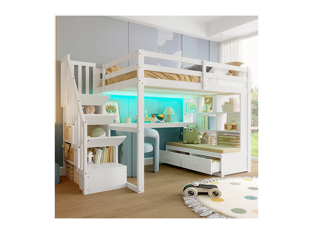 Lit mezzanine avec rangement, 140x200cm, blanc.