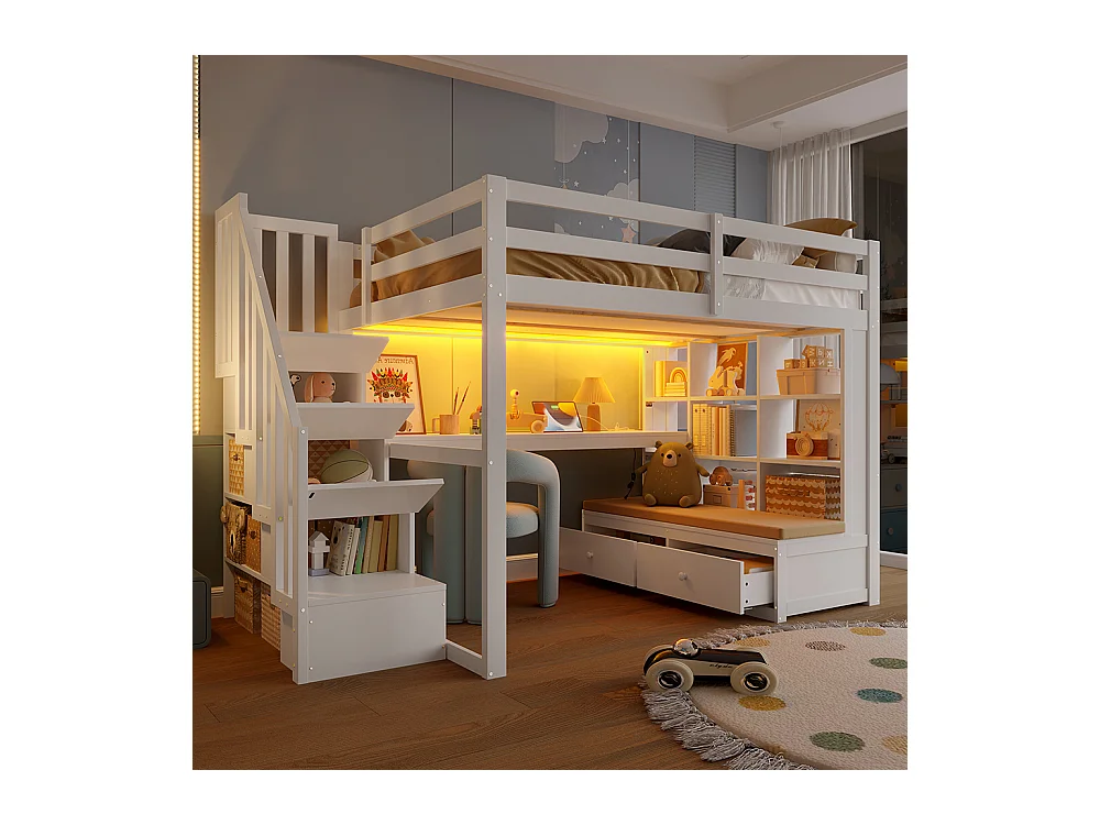 Lit mezzanine avec rangement, 140x200cm, blanc.