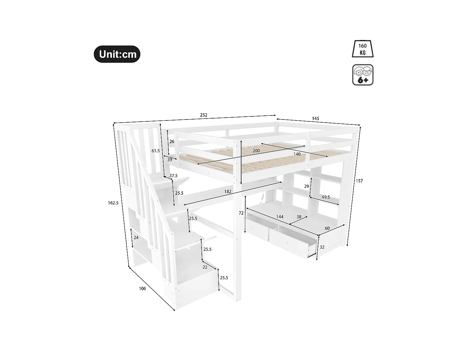 Lit mezzanine avec rangement, 140x200cm, blanc.