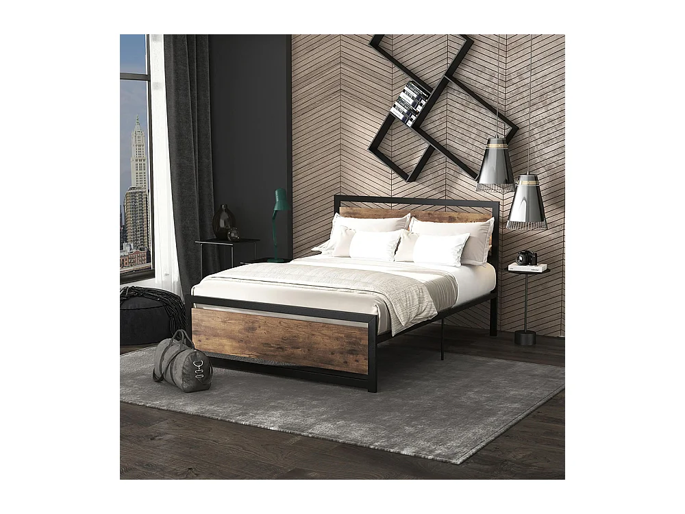 Lit double en acier, dimensions 190 x 140 cm, avec sommier et tête de lit, finition bois foncé, noir