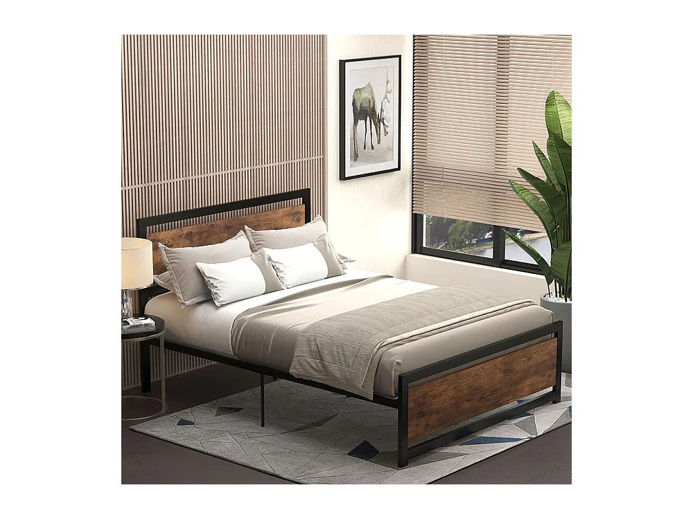 Lit double en acier, dimensions 190 x 140 cm, avec sommier et tête de lit, finition bois foncé, noir