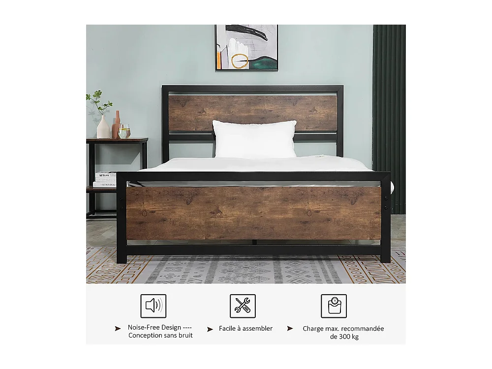 Lit double en acier, dimensions 190 x 140 cm, avec sommier et tête de lit, finition bois foncé, noir