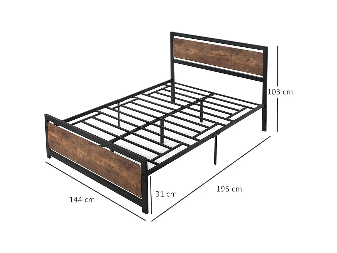 Lit double en acier, dimensions 190 x 140 cm, avec sommier et tête de lit, finition bois foncé, noir