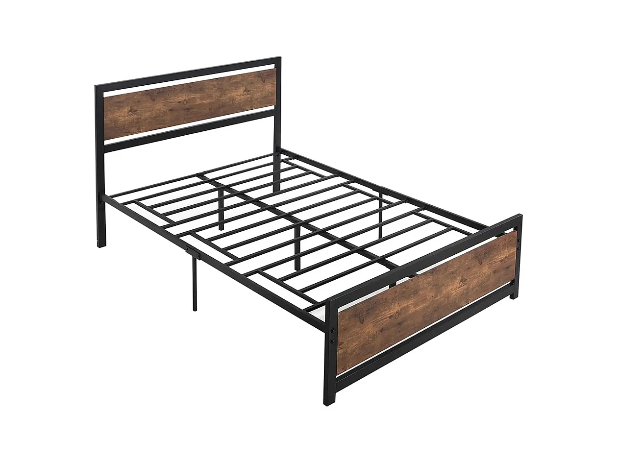 Lit double en acier, dimensions 190 x 140 cm, avec sommier et tête de lit, finition bois foncé, noir