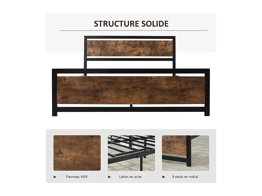 Lit double en acier, dimensions 190 x 140 cm, avec sommier et tête de lit, finition bois foncé, noir