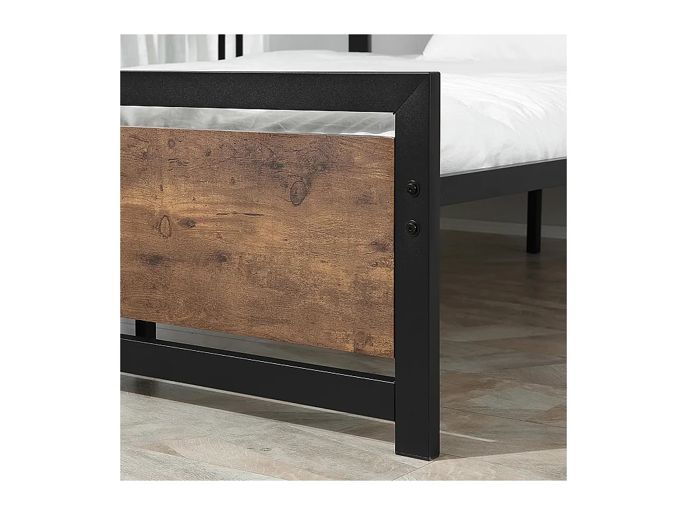 Lit double en acier, dimensions 190 x 140 cm, avec sommier et tête de lit, finition bois foncé, noir