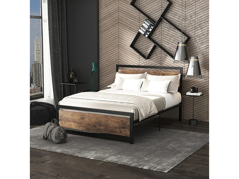 Lit double en acier, dimensions 190 x 140 cm, avec sommier et tête de lit, finition bois foncé, noir