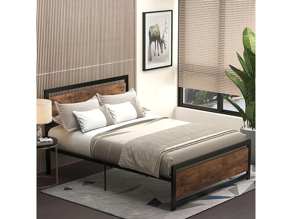 Lit double en acier, dimensions 190 x 140 cm, avec sommier et tête de lit, finition bois foncé, noir