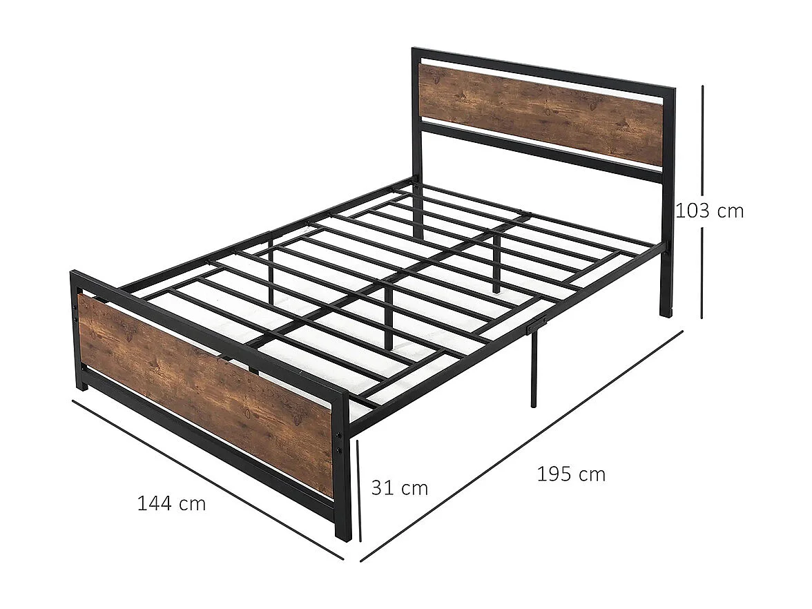 Lit double en acier, dimensions 190 x 140 cm, avec sommier et tête de lit, finition bois foncé, noir