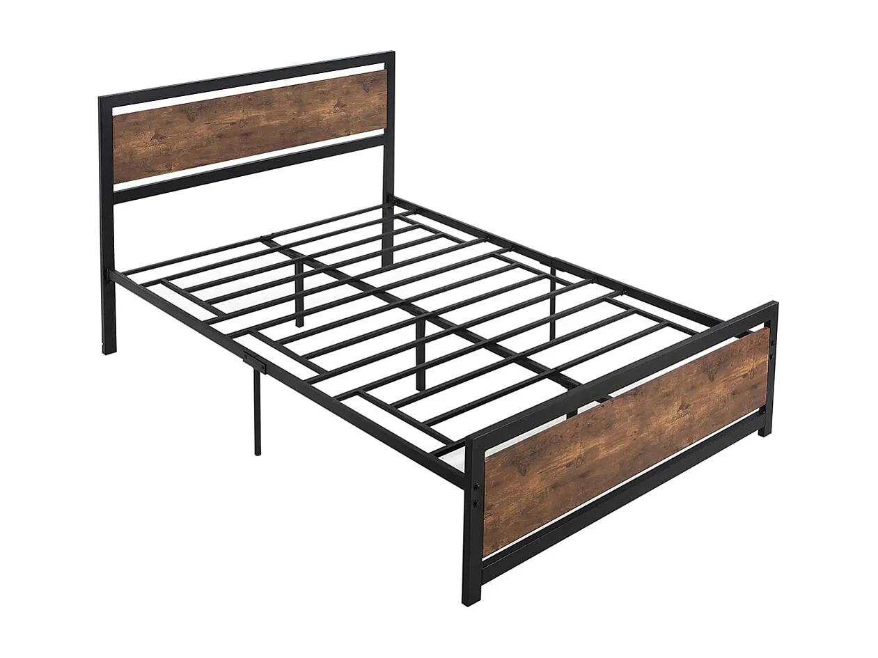 Lit double en acier, dimensions 190 x 140 cm, avec sommier et tête de lit, finition bois foncé, noir