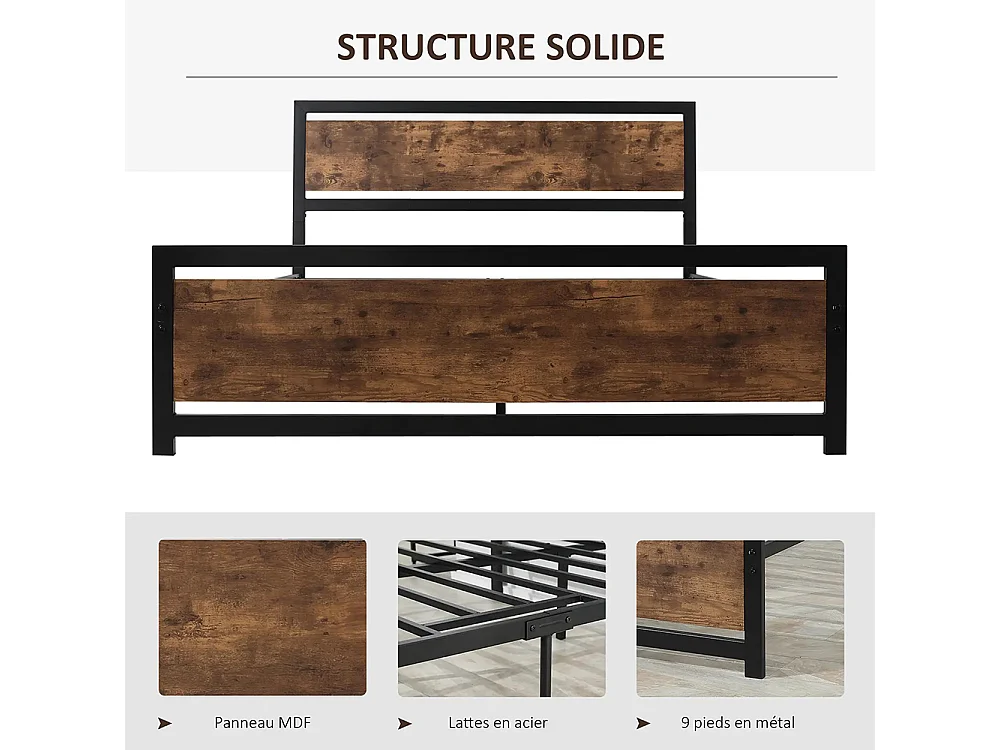 Lit double en acier, dimensions 190 x 140 cm, avec sommier et tête de lit, finition bois foncé, noir