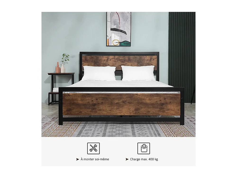 Lit double 160 x 200 cm, structure en acier, avec sommier et tête de lit, finition bois foncé,  marron.