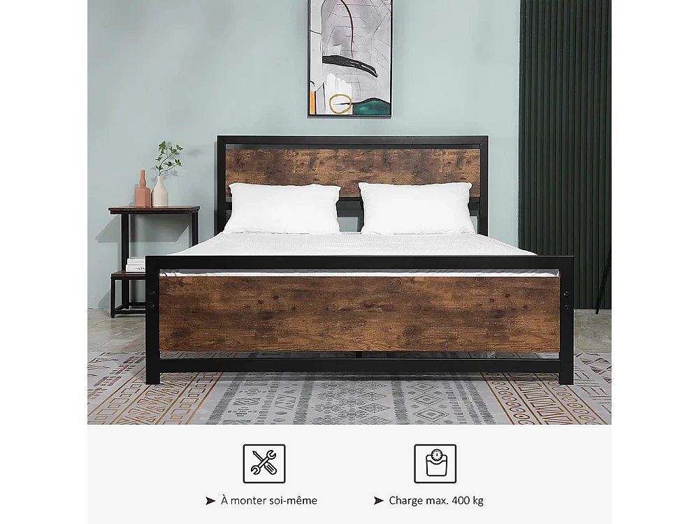 Lit double 160 x 200 cm, structure en acier, avec sommier et tête de lit, finition bois foncé,  marron.