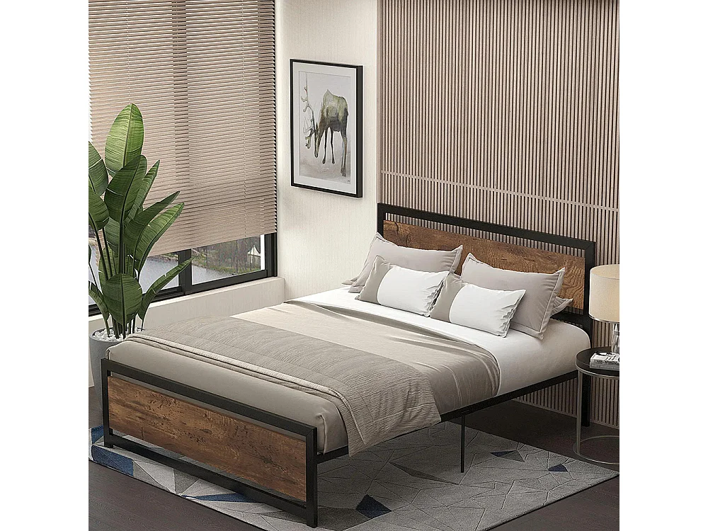 Lit double 160 x 200 cm, structure en acier, avec sommier et tête de lit, finition bois foncé,  marron.