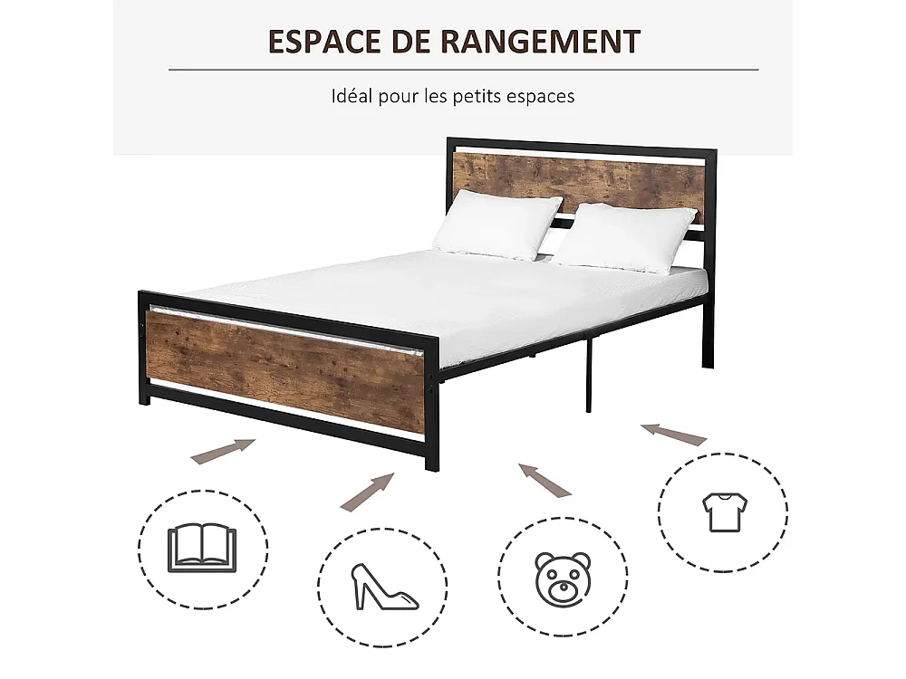 Lit double 160 x 200 cm, structure en acier, avec sommier et tête de lit, finition bois foncé,  marron.