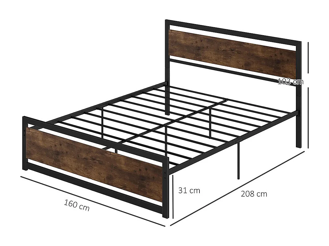 Lit double 160 x 200 cm, structure en acier, avec sommier et tête de lit, finition bois foncé,  marron.
