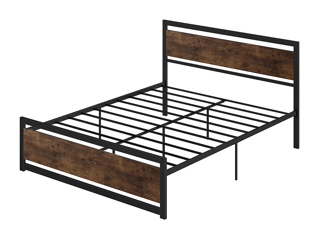 Lit double 160 x 200 cm, structure en acier, avec sommier et tête de lit, finition bois foncé,  marron.