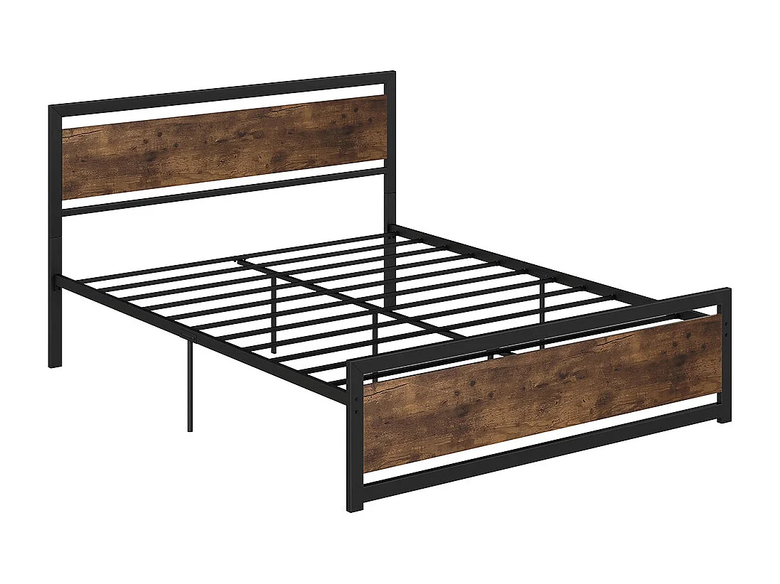 Lit double 160 x 200 cm, structure en acier, avec sommier et tête de lit, finition bois foncé,  marron.