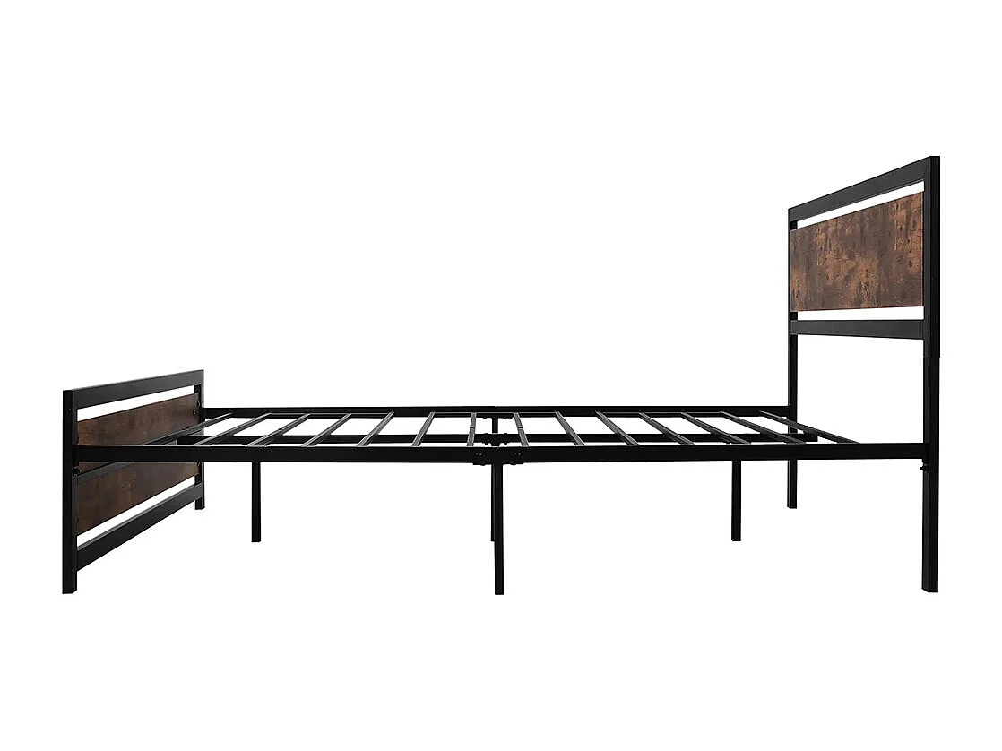 Lit double 160 x 200 cm, structure en acier, avec sommier et tête de lit, finition bois foncé,  marron.