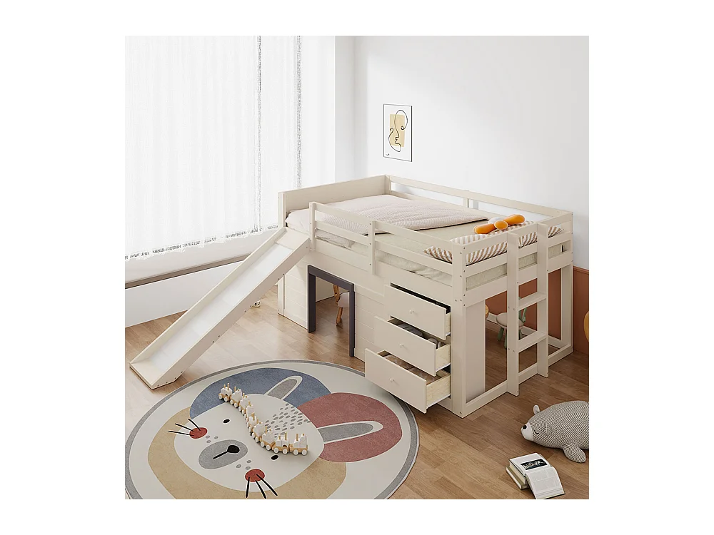 Niedriges Loftbett mit Rutsche, 140x200, creme.