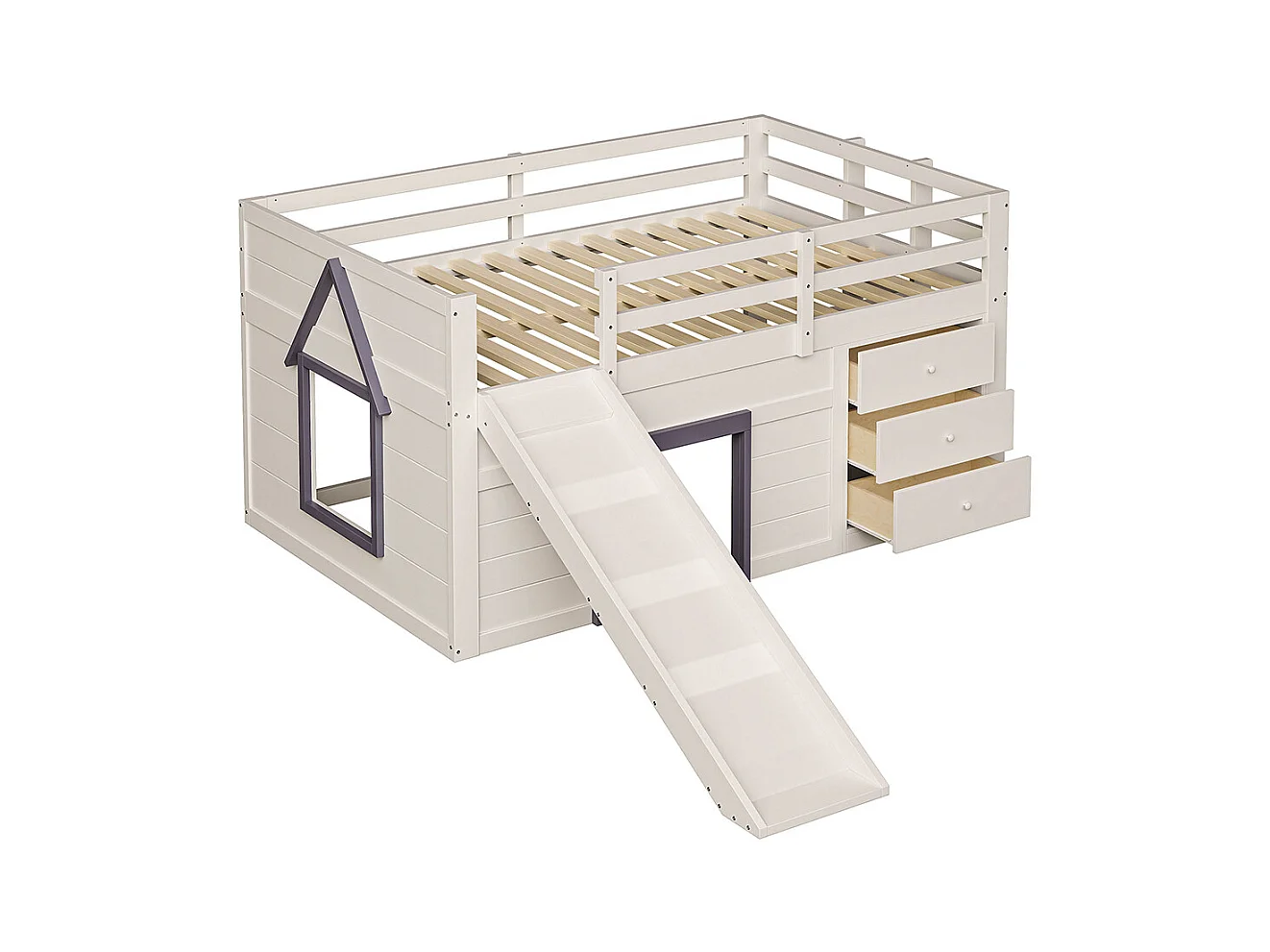 Niedriges Loftbett mit Rutsche, 140x200, creme.