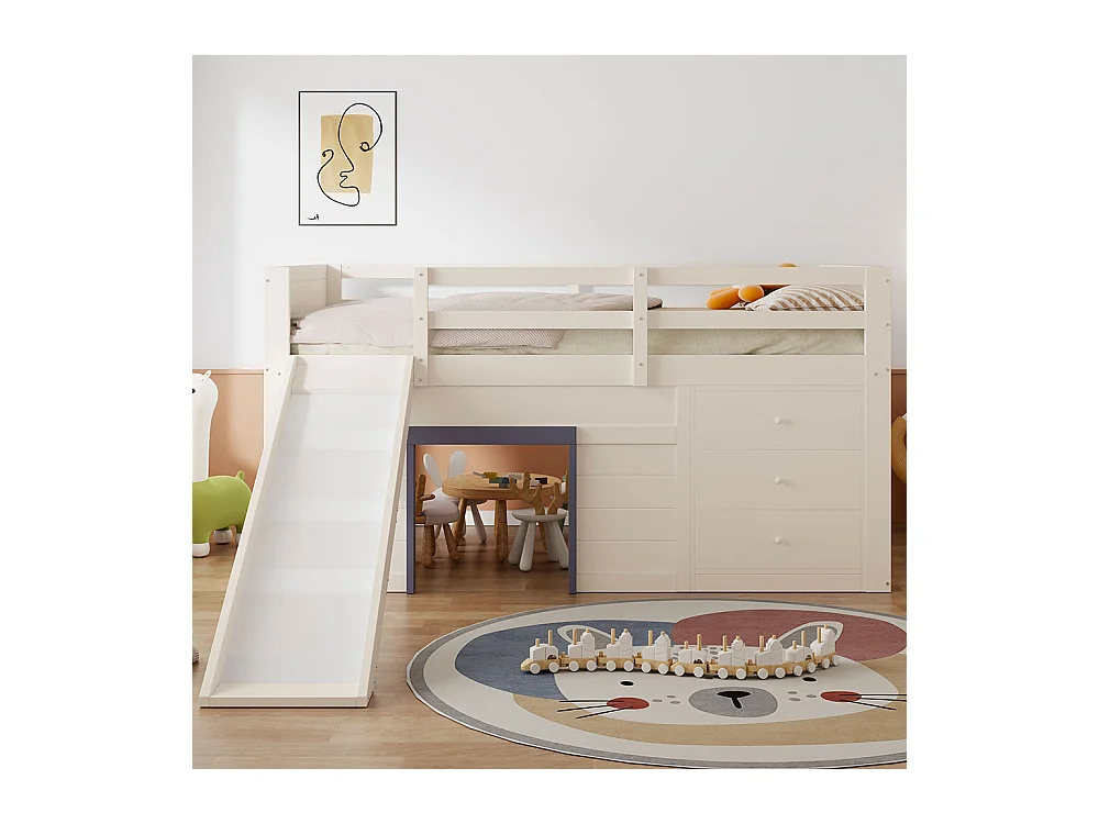 Lit bas type loft avec toboggan, 140x200, crème.
