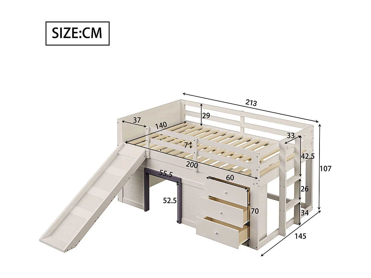 Niedriges Loftbett mit Rutsche, 140x200, creme.