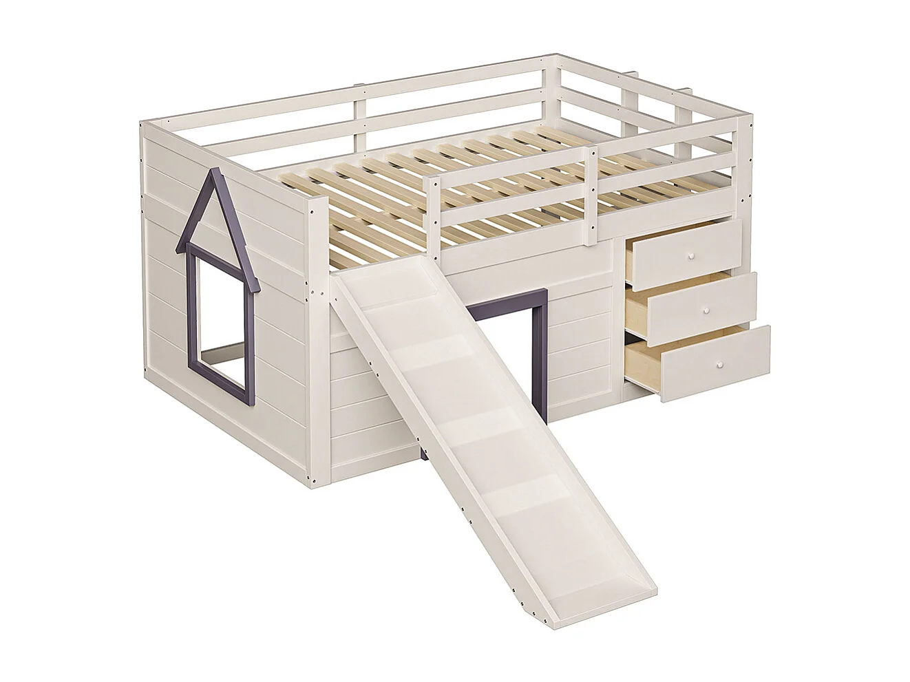 Niedriges Loftbett mit Rutsche, 140x200, creme.